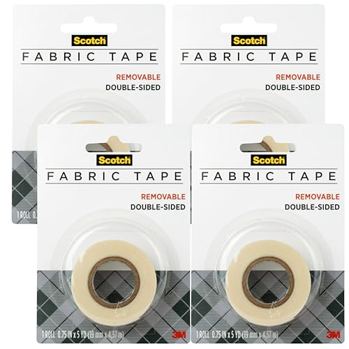 Scotch Removable Fabric Tape, 3/4 in x 180 in (15 ft), 4 Rolls – Double-Sided Hemming and Fabric Repair Tape for Clothes, Crafts, Costumes, and Décor, No-Sew, Reusable, Removable and Fabric-Safe - size: Pack of 4