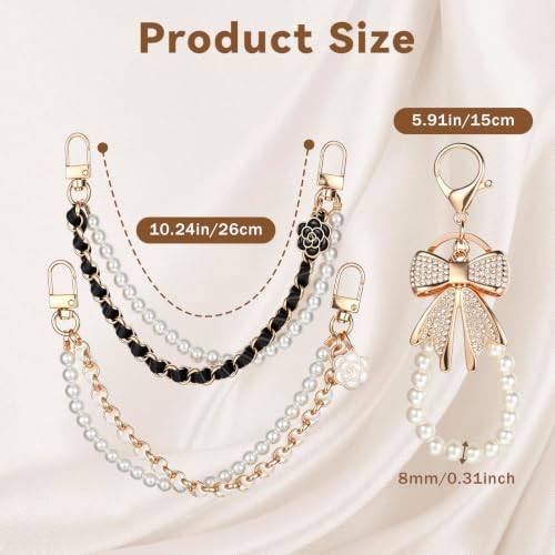 3pcs Pearl Purse Chain Set Bag Purse Charms Chain White Rhinestone Cute Bow Keychain Metal Strap Extender Replacement Charms Accessories for Handbags Wallets Crossbody Shoulder Bag
