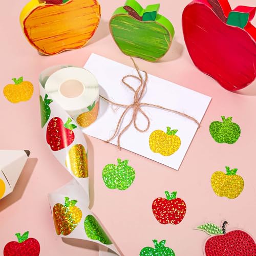 Whaline Back to School Apples Stickers Roll Holographic Apples Waterproof Decals Self-Adhesive Sparkly Teacher Reward Stickers for First Day of School Party Supplies Envelope Scrapbook Decor, 500Pcs - style: Apple