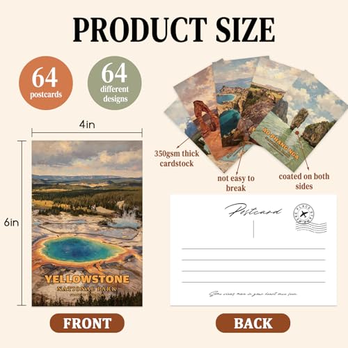 64 Illustrated National Parks Postcard Set, Vintage Travel Posters for Wall Decor, 4×6 Post Cards for Mailing, National Park Postcards for Teachers, Students and Travelers - color: Vintage National Park