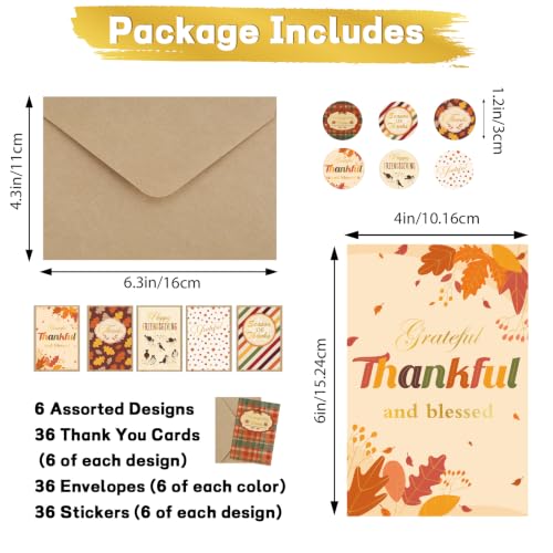 36 Pack Thanksgiving Cards with Envelopes & Stickers, 4 x 6 in, 6 Designs - style: Thanksgiving Cards