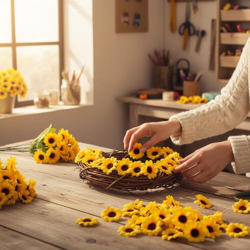 Jinshining 100Pcs Yellow Artificial Flower Heads Mini Fake Sunflower Decorative Fabric Flowers Craft Floral Embellishments for Wreaths Wedding Artificial Flowers