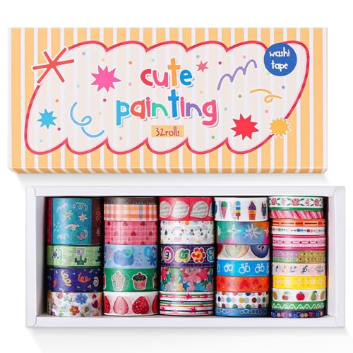 32 Rolls Washi Tape Set, Multicolored Cute Graffiti Painting Decorative Tapes, Scrapbooking and Journal Supplies, Junk Journaling Scrapbook Supplies, DIY Craft Projects Materials for Girls and Women - color: Cute Painting II