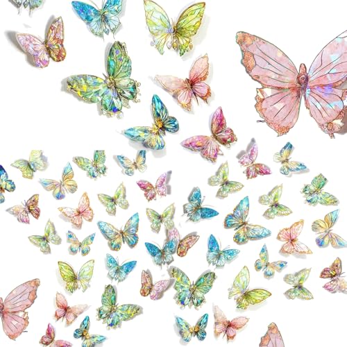80 Piece with 4 Themes Butterfly Sticker Set, Ice Crystals, Holographic, Item, Glossy, Synthetic Resin, Transparent, Sticker for Scrapbooking Accessories