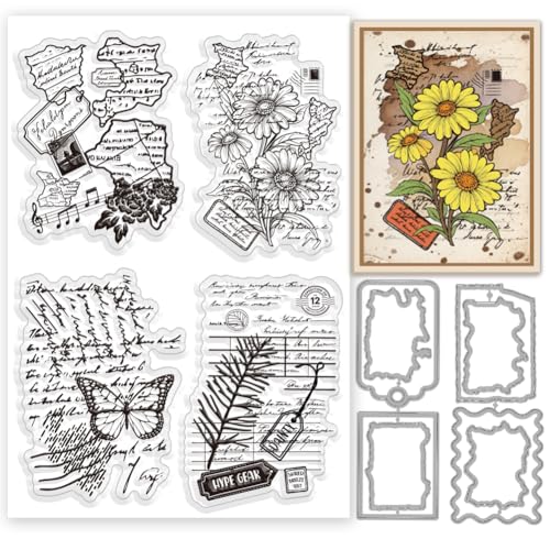 INFUNLY 2 Set Vintage Plant Word Clear Stamps and Dies for Card Making Chrysanthemum Stamps and Die Cuts Flower Leaf Silicone Stamp Retro Background Embossing Template for DIY Scrapbooking Album Decor - style: Animal&Plants