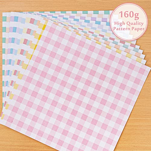 Whaline 24pcs Pastel Plaid Pattern Paper 12 Designs Gingham Double-Sided Scrapbook Paper for DIY Crafts Scrapbook Photo Album Decor, 11.8 x 11.8 Inch