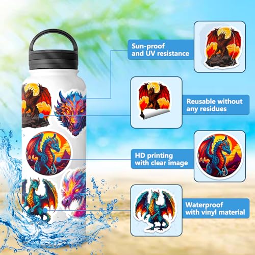 50Pcs Fantasy Cryptid Dragons Stickers - Waterproof Vinyl Animal Fire Dragon Stickers for Water Bottle, Laptop, Scrapbook, Notebook, Skateboard - color: Dragon
