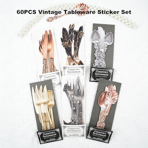 60 Pcs Vintage Cutlery Stickers for Scrapbooking and Journaling | Ornate forks, spoons and knives in bronze, gold and silver tones on cardstock for collages, cardmaking and mixed media - color: Classic Tableware