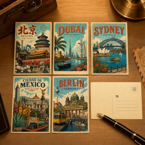 LCLAIDYDY 60 Vintage Travel Postcard Set,World Famous Country City Illustrations, 4x6 Mailing Post Cards, Wall Decor Posters for Travelers