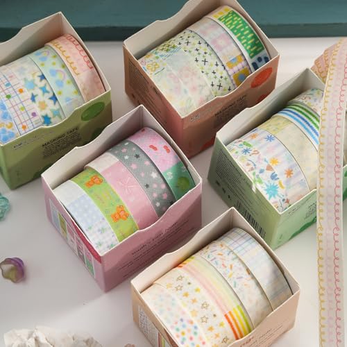 Cute Pattern Washi Tape Set 5 Rolls Glitter Cover Decorative Wide Kawaii Masking Tapes for Arts, DIY Crafts, Journals, Planners, Scrapbook, Wrapping (9 Dots & Stars) - color: 9 Dots & Stars