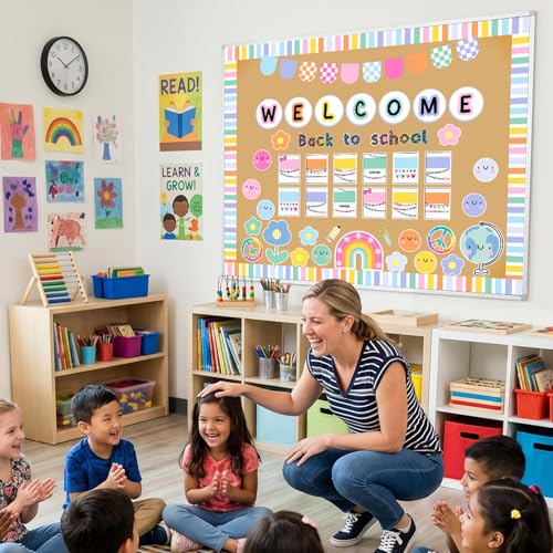 Mooliwe 94 Pcs Welcome Back to School Bulletin Board Set Retro Flowers Smile Face Paper Cutouts for First Day of School Classroom Wall Door Decoration(Groovy) - style: Boho Rainbow