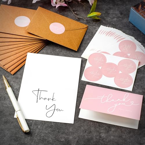 Layneria 100 Bulk Pink Thank You Cards with Kraft Envelopes and stickers - 4 Minimalistic Designs Blank Thank You Notes with Envelopes for business Wedding Bridal Gift Baby Shower Business Graduation - color: Pink and White