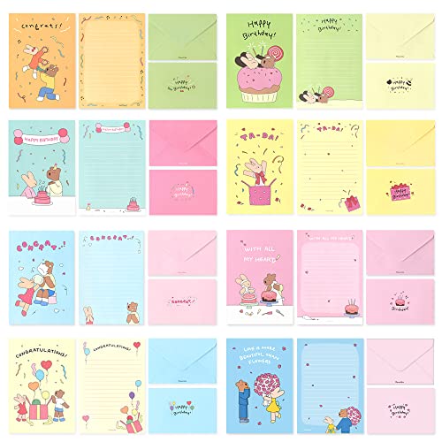 Monolike Happy and Lucky Birthday Letter Paper and Envelopes Set - 8Type, 32 Letter Paper + 16 Envelopes - color: Happy and Lucky Birthday