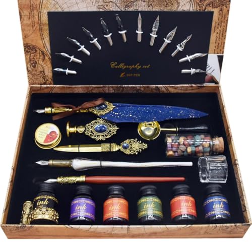 Calligraphy Pens Set,16PCS Dip Pen Stationery Kit (Navy) | Interchangeable nibs, 6 color inks, smooth writing tips, vintage letter paper, complete set for daily calligraphy practice - color: Navy