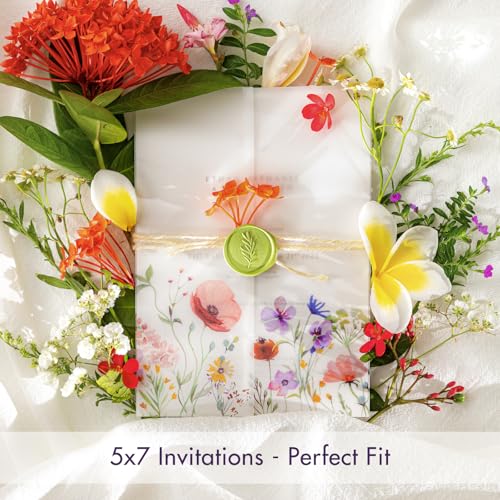 50 Pack Pre-Folded Vellum Jackets for 5x7 Invitations,AZAZA Pretty Translucent Invitation Sleeves,115GSM Vellum Jackets 5x7, Wedding Invitation AccessoriesFor, Weddings Birthdays,Wildflowers - color: 50Pck--Colorful Wildflowers No.1