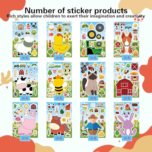 24 Sheets Make Your Own Stickers for Kids, Make a Farm Animal Face Sticker - style: Farm Animal 48PCS