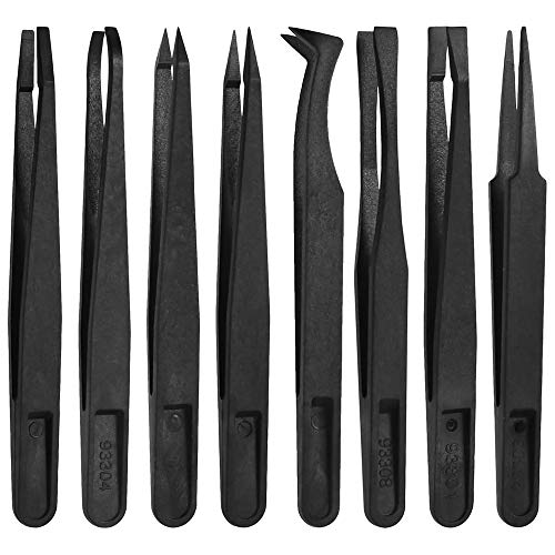 MMOBIEL 8Pcs Anti-static Multifunctional Plastic Precision Tweezers Set, Slant Flat Tip Tweezer Pointy/Curved Tips Tweezers for Electronics, Jewelry-Making, Laboratory Work, Repair Black - size: 8x