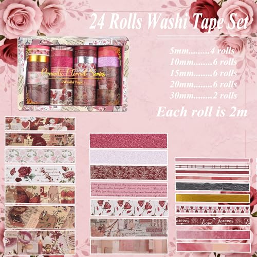 Washi Tape Set, 24 Rolls Red Vintage floral Journaling Supplies,for Christmas Valentine's Day Journaling Supplies Journal Scrapbook Tape, Bullet Journaling Scrapbooking Supplies, DIY Art Decorative - color: Red