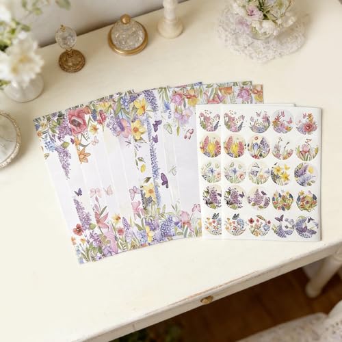 160 Pcs Stationery Paper Envelopes Set | Includes 50 Writing Paper & 50 Envelopes & 60 Stickers, Lovely Floral Letter Writing Stationery Paper Envelopes(10Style) - color: Wildflower 1