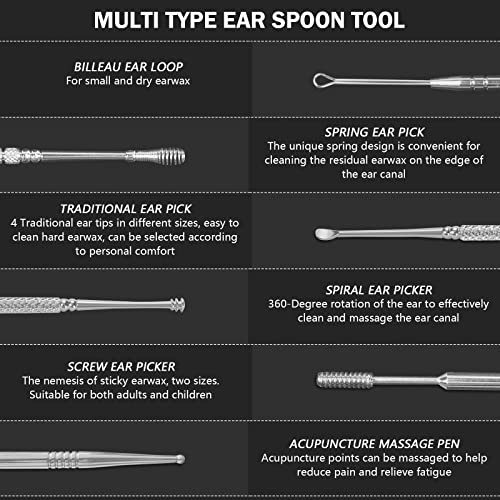 Hion 8 Pcs Ear Wax Removal Kit,Professional Double-Headed Ear Pick Earwax Removal Tools,316L Stainless Steel Ear Cleaner Curette with Cleaning Brush and Storage Box,Suit for Kid Adult(Silver) - color: Silver, size: Portable Pouch