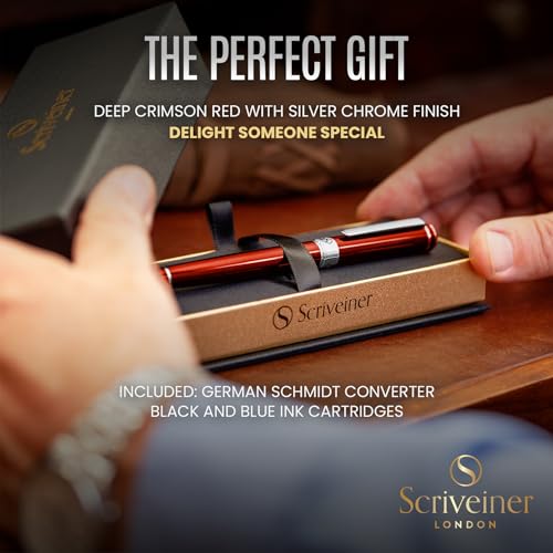 Scriveiner Deep Crimson Red Fountain Pen - Stunning Luxury Pen with Chrome Finish, Schmidt Nib (Fine), Best Pen Gift Set for Men & Women, Professional, Executive, Office, Nice Pens - color: 12. Crimson Red with Chrome, style: Fine Nib