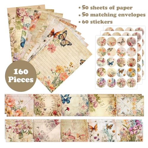 160 Pcs Stationery Paper Envelopes Set | Includes 50 Writing Paper & 50 Envelopes & 60 Stickers, Floral Letter Writing and Stationery Paper Envelopes(10Style) - color: Nature Vintage