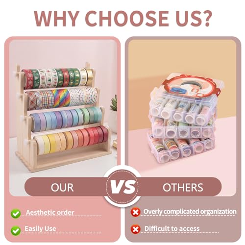 Washi Tape Organizer, 4-Tier Wooden Ribbon Holder Storage for Art Supplies