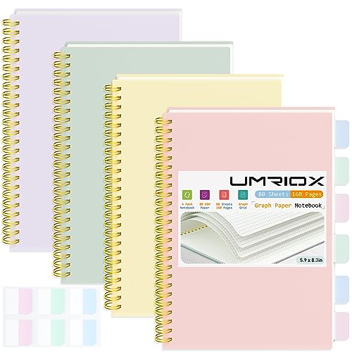 Umriox Graph Spiral Notebook, 4 Pack 5.9" x 8.3" Graph Notebook Journal, Sturdy Double Spiral Binding, Graphing Grid Notebook for Math, Lab, Engineering, School, Work - size: 5.9 x 8.3 in, style: Squared