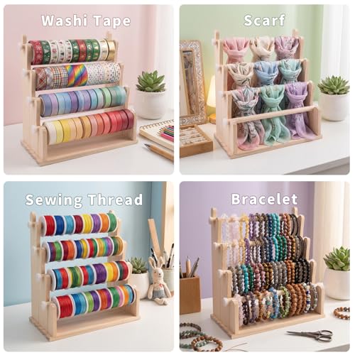 Washi Tape Organizer, 4-Tier Wooden Ribbon Holder Storage for Art Supplies