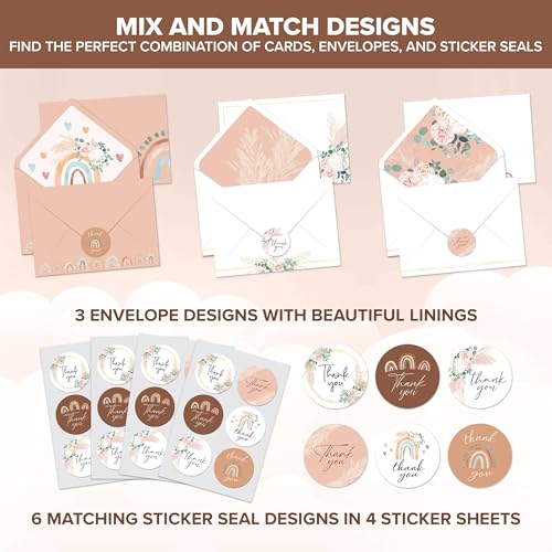 Decorably 24 Pack 6x4in Boho Thank You Cards with Envelopes and Stickers, 6 Beautiful Designs Friends, Family & Loved Ones, Blank Inside - All Occasions, Holidays, Wedding, Birthday, Anniversary - style: Boho