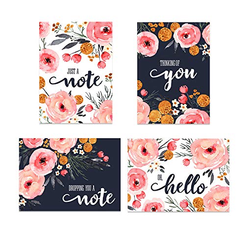 Canopy Street Watercolor Blue And Pink Floral Greeting Cards / 24 All Occasion Cards With White Envelopes / 4 Bright Floral Designs / 3 1/2" x 4 7/8" Thinking Of You Card Set - color: Oh Hello Floral