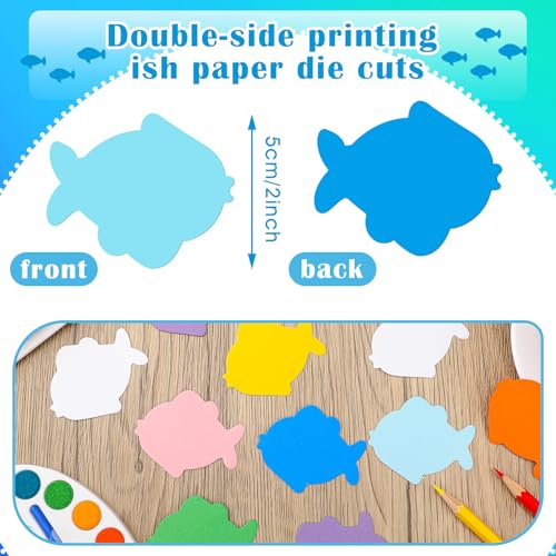 600 Pcs Fish Paper Cutouts for Bulletin Board, 1.97'' x 1.97'' Small Fish Die Cuts Paper Shapes for Classroom Decorations, Ocean Theme DIY Craft Projects, School Wall Decor, 12 Colors - style: Fish