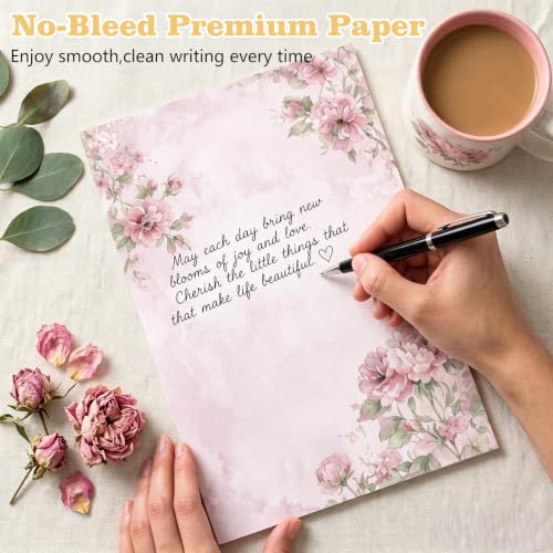 50 Pcs Stationery Paper Envelopes Set,No-Bleed Lined (6Style) | Includes 24 Writing Paper & 24 Envelopes with 24 Stickers, Flower Floral Letter Writing and Stationery Paper Envelopes - color: Soft Floral