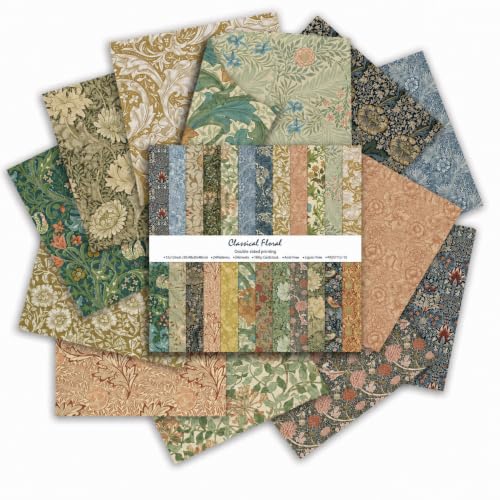 Floral Scrapbook Paper 12x12 – 24 Sheets Double-Sided Vintage Scrapbook Paper Pad, William Morris Style Aesthetic Patterned Papers for Heritage Albums, Junk Journaling & Crafts (Mustard, Indigo & Red) - color: Floral