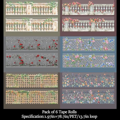 PET Tape Stickers for Journaling Supplies,Vine Journal Stickers for Planner | Floral Fence 6Rolls of Vintage Vine Flower Themed Transparent Journal Stickers for Scrapbooking,Junk Journal Supplies,Planner - color: Bloom