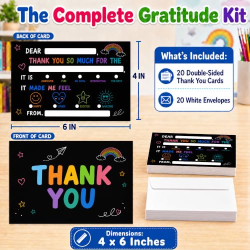 Blackboard Thank You Card For Kids, 20 Pack Thank You Notes Cards With Envelopes, Fill In The Blank Colorful Birthday Party Greeting Cards, Baby Shower Party Decor Decoration, 04 - color: Black
