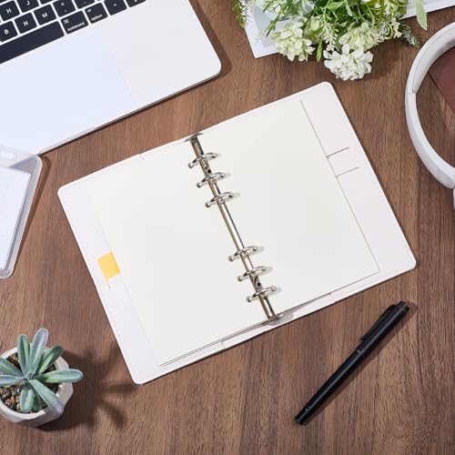 A6 120 Pages Refillable PU Leather Travel Journal Notebook 6 Ring Writing Binder Loose Leaf Notepad Folder Soft Cover Diary Planner Cover Binder with Divider for Meeting Fill Paper(White) - color: White