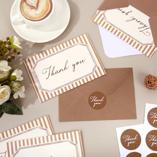 Whaline 24Pcs Brown Striped Thank You Cards Blank Note Cards with Envelopes Stickers Minimalist Stripe Greeting Card for Wedding Birthday Baby Shower, 4 x 6 Inch - color: Brown