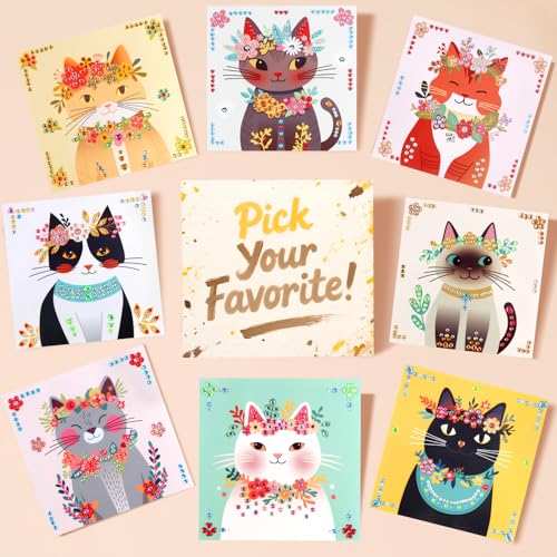 Marlrin Cat Diamond Art Kit for Kids Ages 4-8, Gem Sticker Kit for Girls | 8 Pack DIY Kitten Sticker Art Kit, 1000+ Gem Stickers, Cat-Themed Craft with Display Stand, Birthday Gift for Girls 3-8 - color: Yellow-Cat