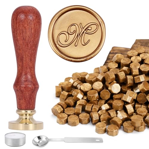 Yoption Handwriting Letter M Wax Seal Stamp Kit with Antique Gold Wax Beads - color: M