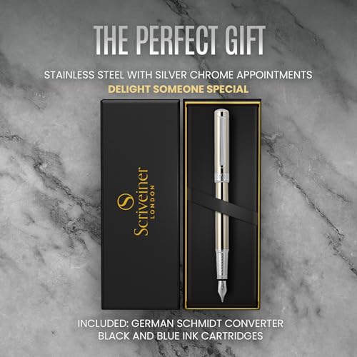 Scriveiner Stainless Steel Fountain Pen - Stunning Luxury Pen with Steel Finish, Schmidt Steel Nib (Medium), Pen Gift Set for Men & Women, Professional, Executive Office, Nice Designer Pens - color: 13. Stainless Steel with Chrome, style: Medium Nib