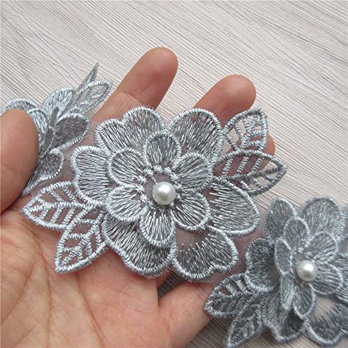 2 Yards 3D Flower Lace Trim Pearl Embroidered Polyester Lace Ribbon Fabric Applique Patchwork for Wedding Dress Handmade DIY Sewing Craft Supplies Decoration (Grey) - color: Grey