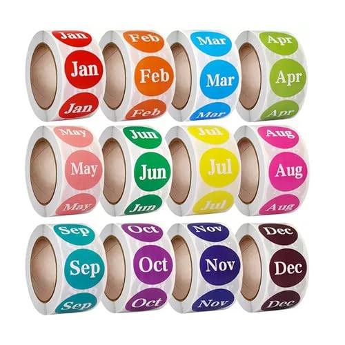 12 Rolls 6000 Labels Round Month Stickers-1 Inch Color Coded Monthly Adhesive Labels for Inventory Management and Organization, 500 Pieces Per Roll