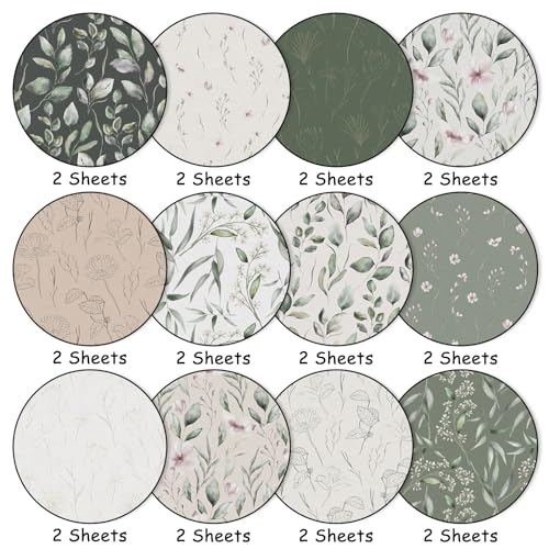 JarThenaAMCS 24 Sheet Greenery Pattern Paper Green Eucalyptus Leaves Scrapbook Specialty Paper Vintage Decoupage Double Sided Decor Craft, New Born Gender Reveal Baby Bridal Shower Junk Journal