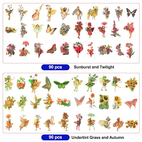 KIBBEH 180 Pcs Fairy Stickers for Scrapbook Transparent Flower Fairy Patch - color: Sunburst, Twilight, Undertint Grass, Autumn