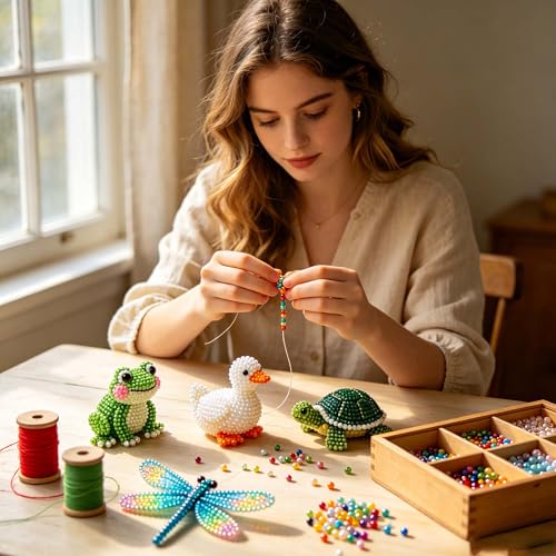 KreqiuCre 3D Beaded Animal DIY Kit for Adults, Cute Mini Bead Craft Set for Handicraft Enthusiast, Jewelry Making Kits with Beads, Scissors, Tweezers, and Instruction(Pond Friends)