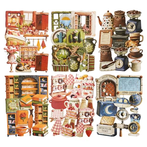 120 Pcs Clay-Style Stickers for Scrapbooking and Journaling | Home interiors, coffee, books, plants, food and celestial miniatures on self-adhesive cardstock; 60 designs across 6 styles - color: Clay Life
