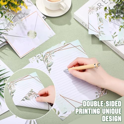 TaoBary 160 Pcs Eucalyptus Stationery Paper and Envelopes Set | 5.5 x 8.25'' Letter Writing Kit, 50 Double Sided Stationery Writing Papers 50 Matching Envelopes 60 Round Dot Sticker - size: 5.5 x 8.25 Inch, style: Eucalyptus