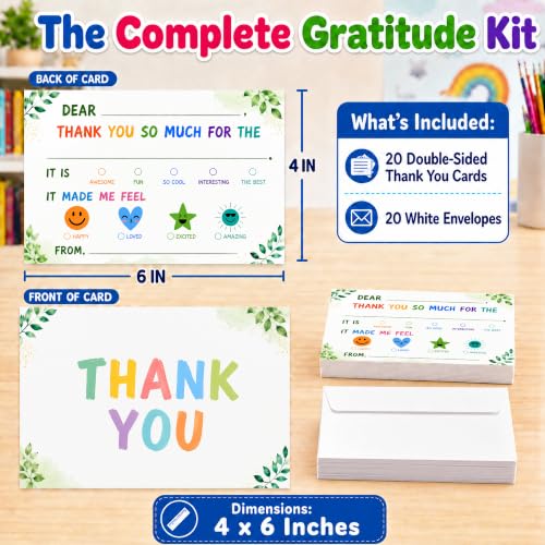 Green Leaves Thank You Card For Kids, 20 Pack Thank You Notes Cards With Envelopes, Fill In The Blank Colorful Birthday Party Greeting Cards, Baby Shower Party Decor Decoration, 02 - color: Green
