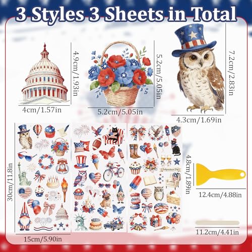 WANDIC 3 Sheets 250th Anniversary UV DTF Cup Warp Rub on Transfer Stickers, 1776-2026 USA Waterproof Patriotic Decal for Junk Journal Cards Furniture Glass Wood, 15x30cm - color: Independence Day
